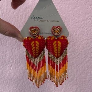 Deepa Gurnani Red & Yellow Heart Fringe Earrings